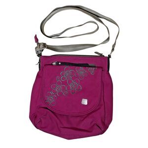 Haiku Crossbody Purse Bag Canvas Embroidered Floral Red Gray bv